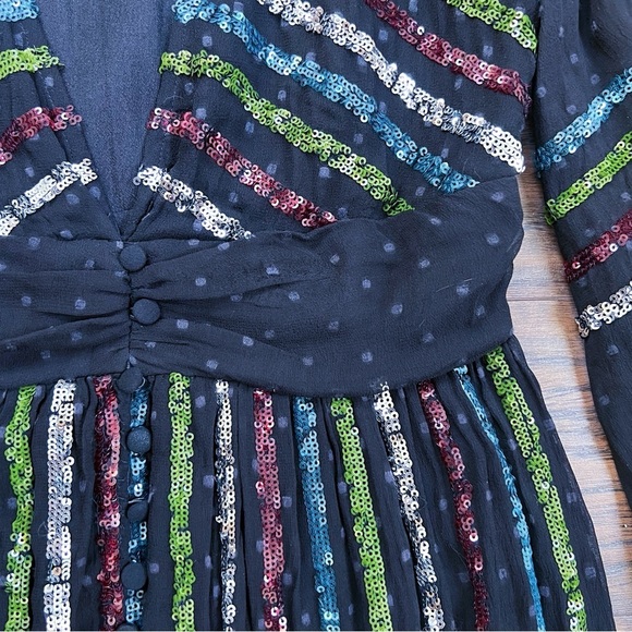 Rococo Sand • Sequin Striped Gown black chiffon rainbow swiss dot balloon sleeve - Picture 7 of 13